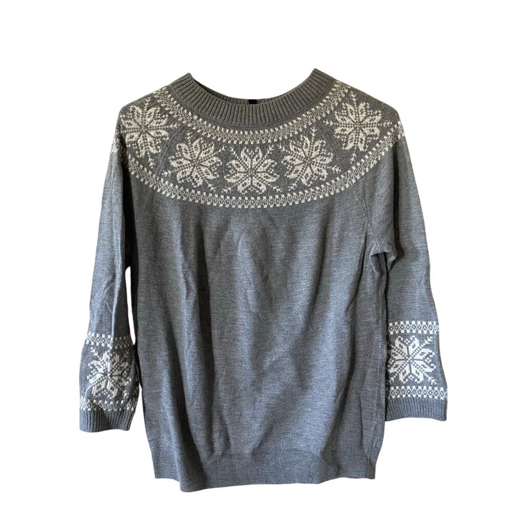 Talbots Lambswool Gray Snowflake 3/4 Sleeve Sweater- Size Medium NWT